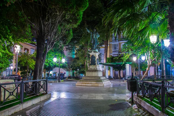 Night View Illuminated Park Plaza Candelaria Square Spanish City Cadiz — Stock Photo, Image