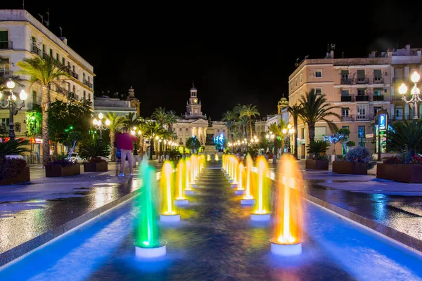 Night View Fountain Situated Square Saint John God Cadiz Town — ストック写真