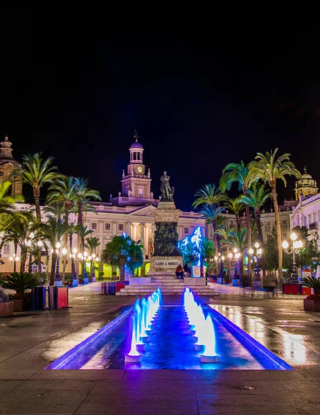 Night View Fountain Situated Square Saint John God Cadiz Town —  Fotos de Stock