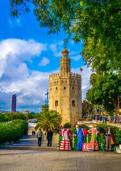 Torre Dourada Torre Del Oro Longo Rio Guadalquivir Sevilha Andaluzia — Fotografia de Stock