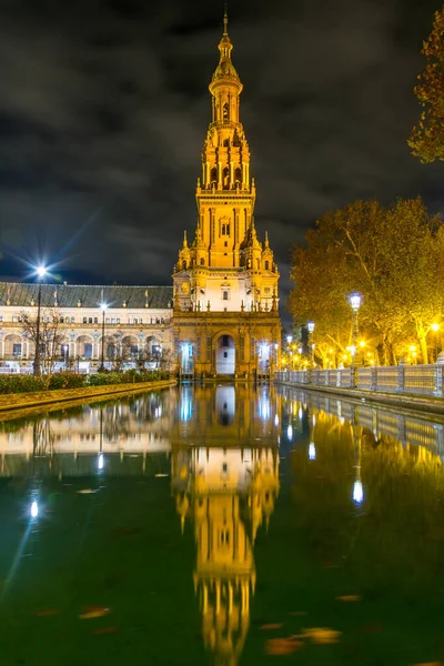 Nattutsikt Över Den Upplysta Torget Espana Den Spanska Staden Sevilla — Stockfoto