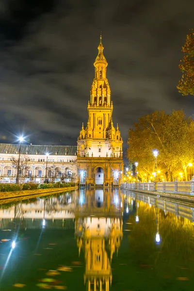 Nattutsikt Över Den Upplysta Torget Espana Den Spanska Staden Sevilla — Stockfoto