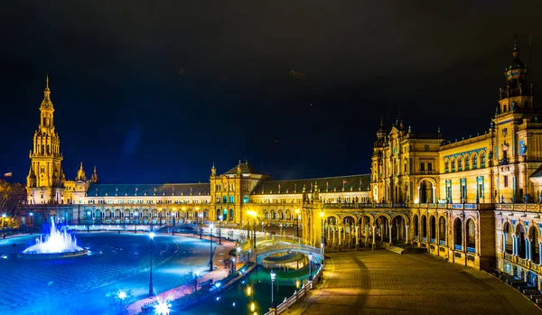 Night View Illuminated Plaza Espana Spanish City Sevilla — Stockfoto