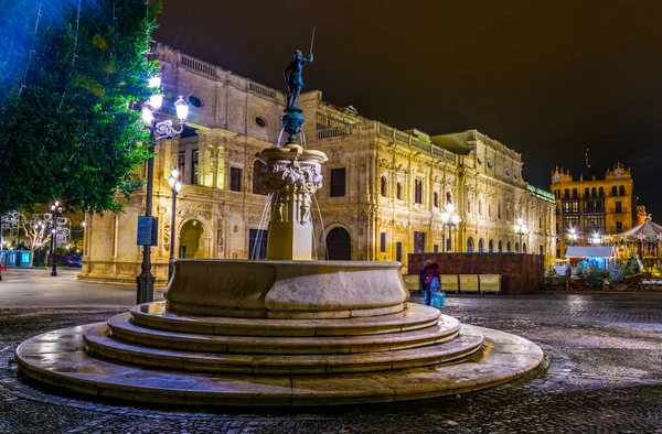 Night View Fountain Situated Plaza San Francisco Sevilla Town Hall —  Fotos de Stock