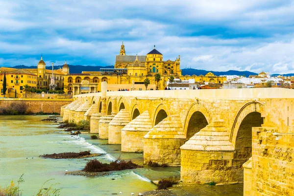 İnsanlar İspanya 'nın Cordoba şehrindeki Roma köprüsünden geçerek La mezquita katedraline doğru yürüyorlar..