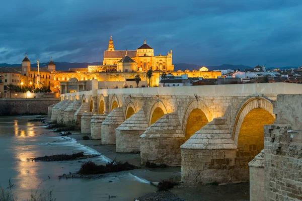 İspanyol şehri Cordoba 'daki La mezquita katedrali ile Guadalquivir nehri üzerindeki aydınlık Roma köprüsünün gece manzarası.