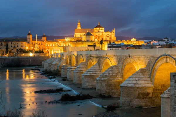 İspanyol şehri Cordoba 'daki La mezquita katedrali ile Guadalquivir nehri üzerindeki aydınlık Roma köprüsünün gece manzarası.