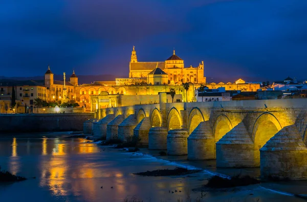 İspanyol şehri Cordoba 'daki La mezquita katedrali ile Guadalquivir nehri üzerindeki aydınlık Roma köprüsünün gece manzarası.