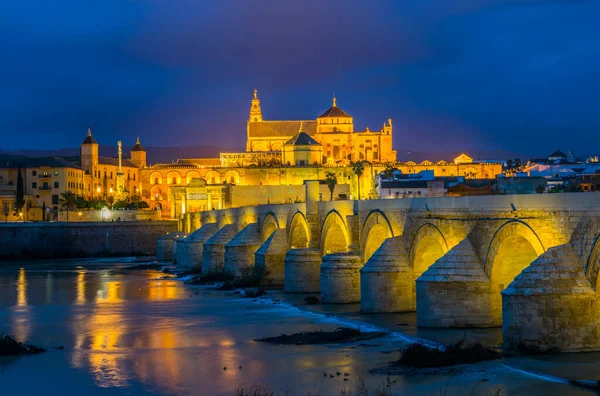 İspanyol şehri Cordoba 'daki La mezquita katedrali ile Guadalquivir nehri üzerindeki aydınlık Roma köprüsünün gece manzarası.