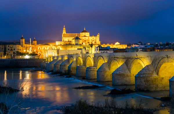 İspanyol şehri Cordoba 'daki La mezquita katedrali ile Guadalquivir nehri üzerindeki aydınlık Roma köprüsünün gece manzarası.