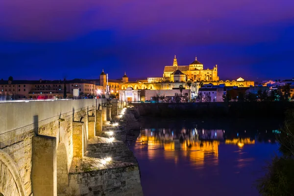 Nachtzicht Verlichte Romeinse Brug Rivier Guadalquivir Met Mezquita Kathedraal Spaanse — Stockfoto