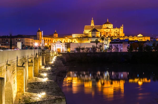 İspanyol şehri Cordoba 'daki La mezquita katedrali ile Guadalquivir nehri üzerindeki aydınlık Roma köprüsünün gece manzarası.