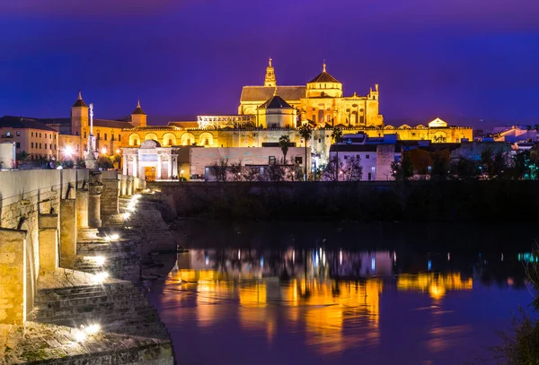 İspanyol şehri Cordoba 'daki La mezquita katedrali ile Guadalquivir nehri üzerindeki aydınlık Roma köprüsünün gece manzarası.
