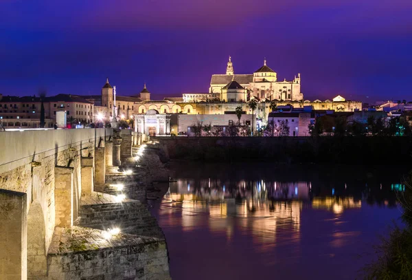 İspanyol şehri Cordoba 'daki La mezquita katedrali ile Guadalquivir nehri üzerindeki aydınlık Roma köprüsünün gece manzarası.