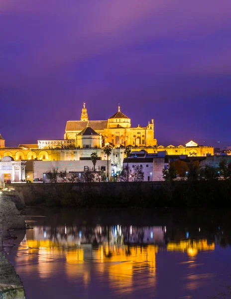 La mezquita katedralinin gece manzarası İspanyol şehri Cordoba 'daki Guadalquivir nehrine yansıdı.