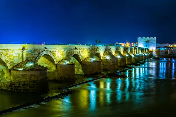 İspanya 'nın Cordoba kentindeki Guadalquivir nehri üzerindeki aydınlık Roma köprüsünün gece görüşü.