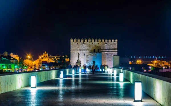 İnsanlar İspanya 'nın Cordoba şehrindeki Roma köprüsünden geçerek La mezquita katedraline doğru yürüyorlar..
