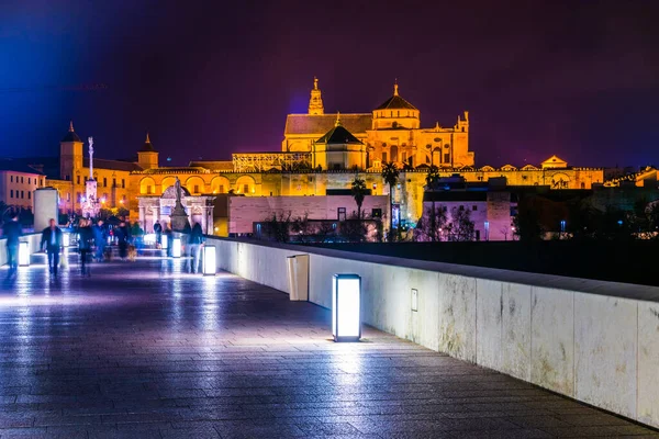 İspanya 'nın Cordoba kentindeki Guadalquivir nehri üzerindeki aydınlık Roma köprüsünün gece görüşü.