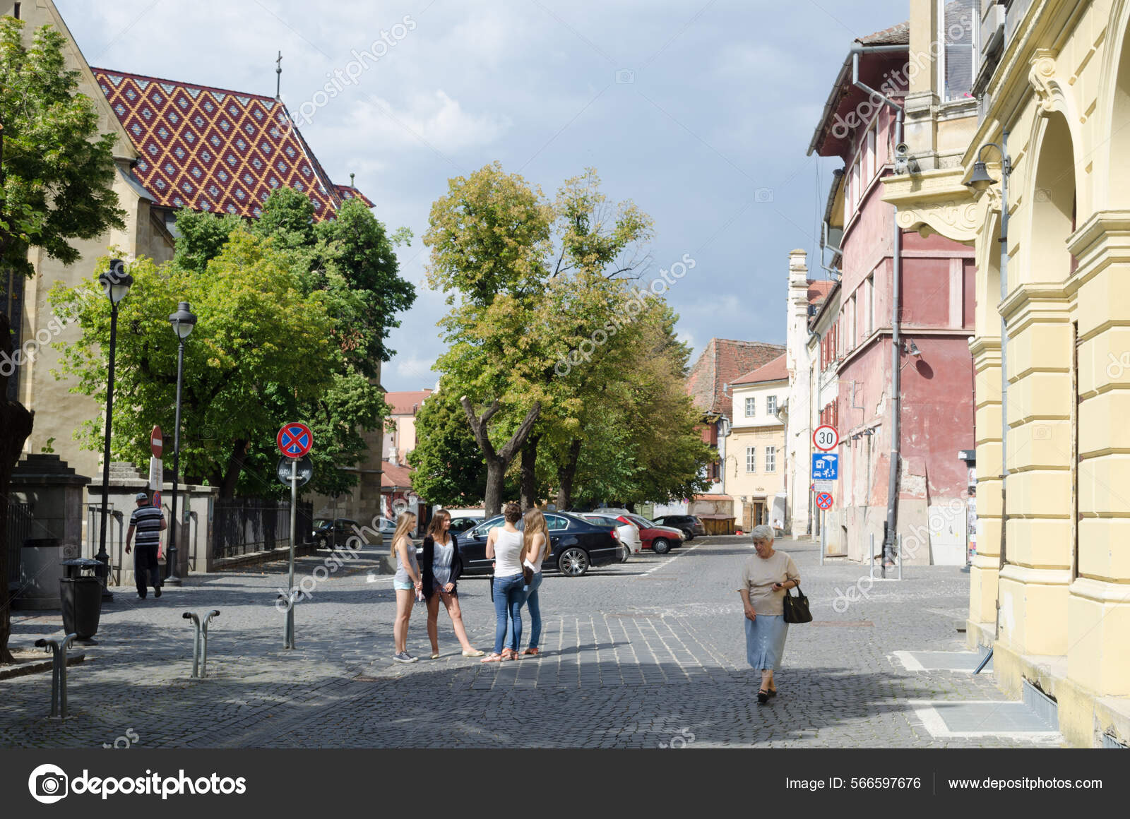 view of a typical street in the center of romanian city sibiu