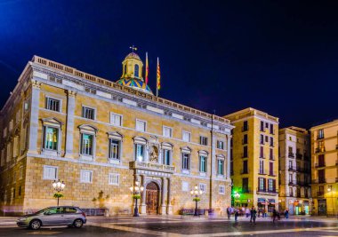 Night view of the Palau de la generalitat on the plaza sant jaume in  Barcelona, Spain