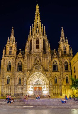 Barselona, İspanya 'daki katedralin gece manzarası