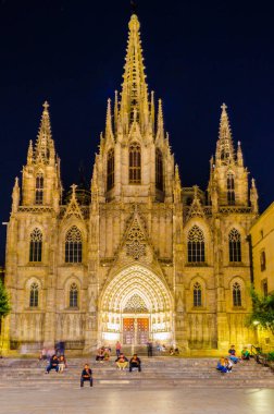 Barselona, İspanya 'daki katedralin gece manzarası
