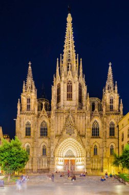 Barselona, İspanya 'daki katedralin gece manzarası