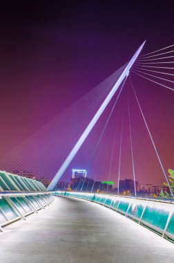 Zaragoza, Spai 'deki Pasarela del Voluntariado yaya köprüsünün gece manzarası