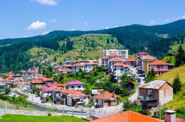 aerial view of bulgarian city chepelare which is famous ski resort and place of traditional rozhen folklore dances festival