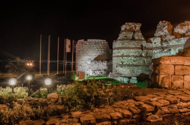 night view of a historical fortification of nessebar city in bulgaria