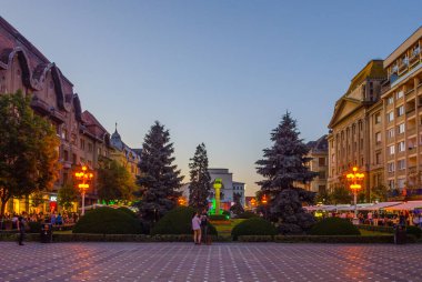 Sunset over Victory square - piata victoriei - timisoara. During night is this square center of nightlife in the city often hosting cultural events during summer season