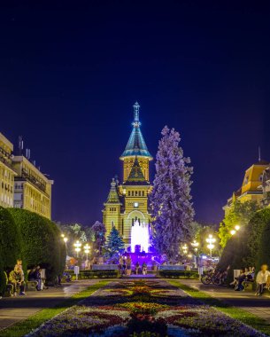 night view of the illuminated victory square - piata victoriei in romanian city timisoara - temesvar in banat province