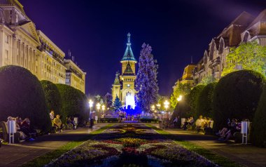 Rumen kenti Timisoara 'daki aydınlık zafer meydanı Piata Victoriei' nin gece görüşü - Banat vilayetindeki Temesvar