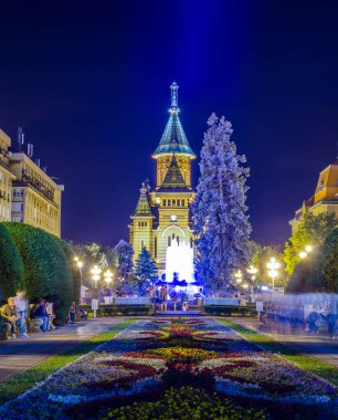 night view of the illuminated victory square - piata victoriei in romanian city timisoara - temesvar in banat province