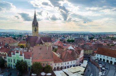 aerial view of the small square - piata mica in romanian city sibiu from the top of council tower.