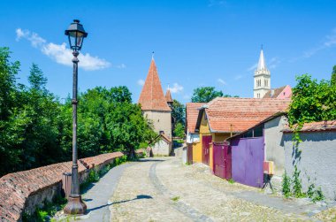 Romanya 'da ortaçağ tahkimatının yanında dolambaçlı bir caddede yer alan renkli evler görülüyor.