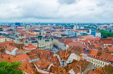 Avusturya şehir merkezindeki belediye binasının hava manzarası.