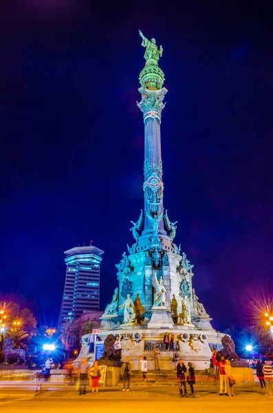 Night View Monument Colom Barcelona Spain — Stockfoto