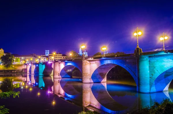 Vista Del Puente Piedra Iluminado Ciudad Española Logaron — Foto de Stock