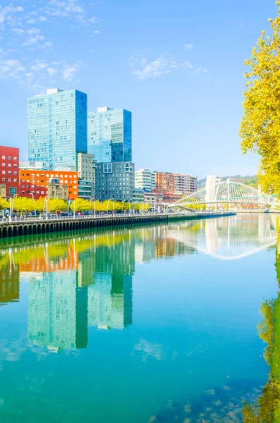 Bilbao, Spai 'deki Zubizuri köprüsü ile Nervion nehrinin kıyısında.
