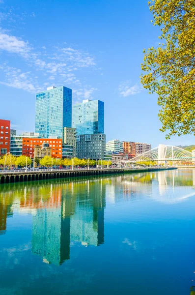 Bilbao, Spai 'deki Zubizuri köprüsü ile Nervion nehrinin kıyısında.