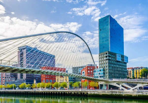 Bilbao, Spai 'deki Zubizuri köprüsü ile Nervion nehrinin kıyısında.