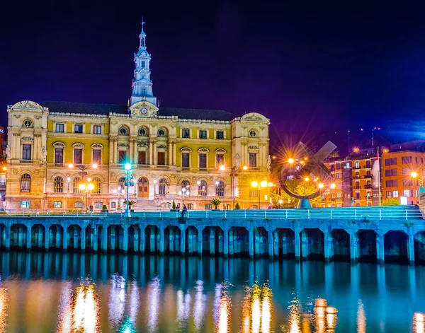 Night View Waterfront Nervion River Town Hall Bilbao Spai — Photo