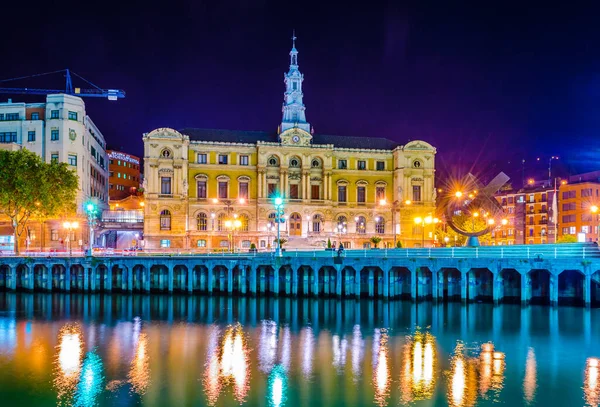 Night View Waterfront Nervion River Town Hall Bilbao Spai — Stock Fotó