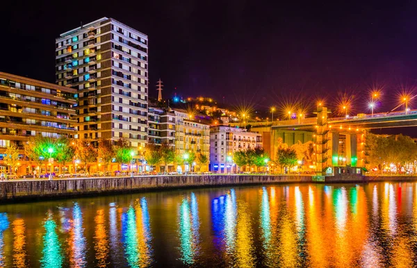 Night View Waterfront Nervion River Bilbao Spai — Stok fotoğraf