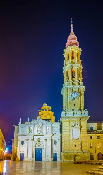 Vista Nocturna Catedral Del Salvador Zaragoza Spai — Foto de Stock