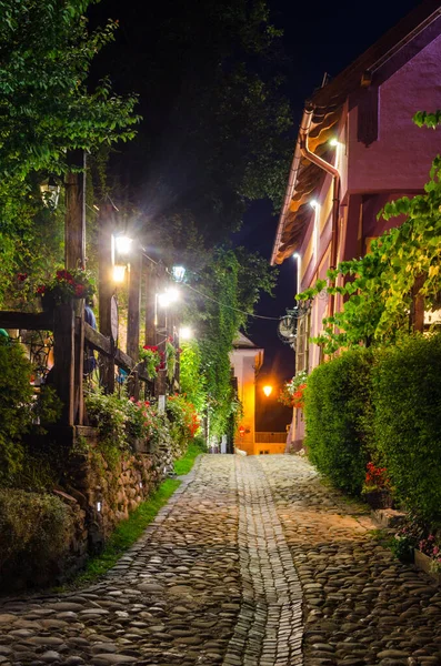 Romanya Şehir Manzarası Kalesinin Içindeki Aydınlık Bir Caddenin Gece Görüşü — Stok fotoğraf