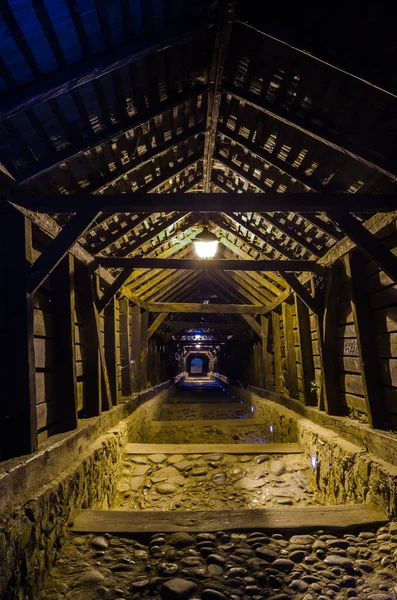 Night View Covered Wooden Stairway Romanian City Sighisoara — ストック写真