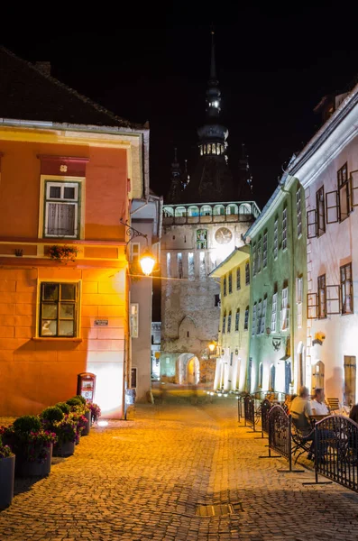 Night View Illuminated Street Citadel Romanian City Sighisoara — стокове фото