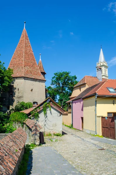 Romanya 'da ortaçağ tahkimatının yanında dolambaçlı bir caddede yer alan renkli evler görülüyor.
